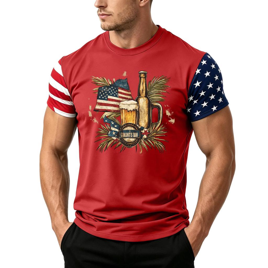 Men's Short Sleeve Loose Fit T Shirt with Flag and Beer Print Casual Crewneck Summer Top for Daily Wear Holiday Events