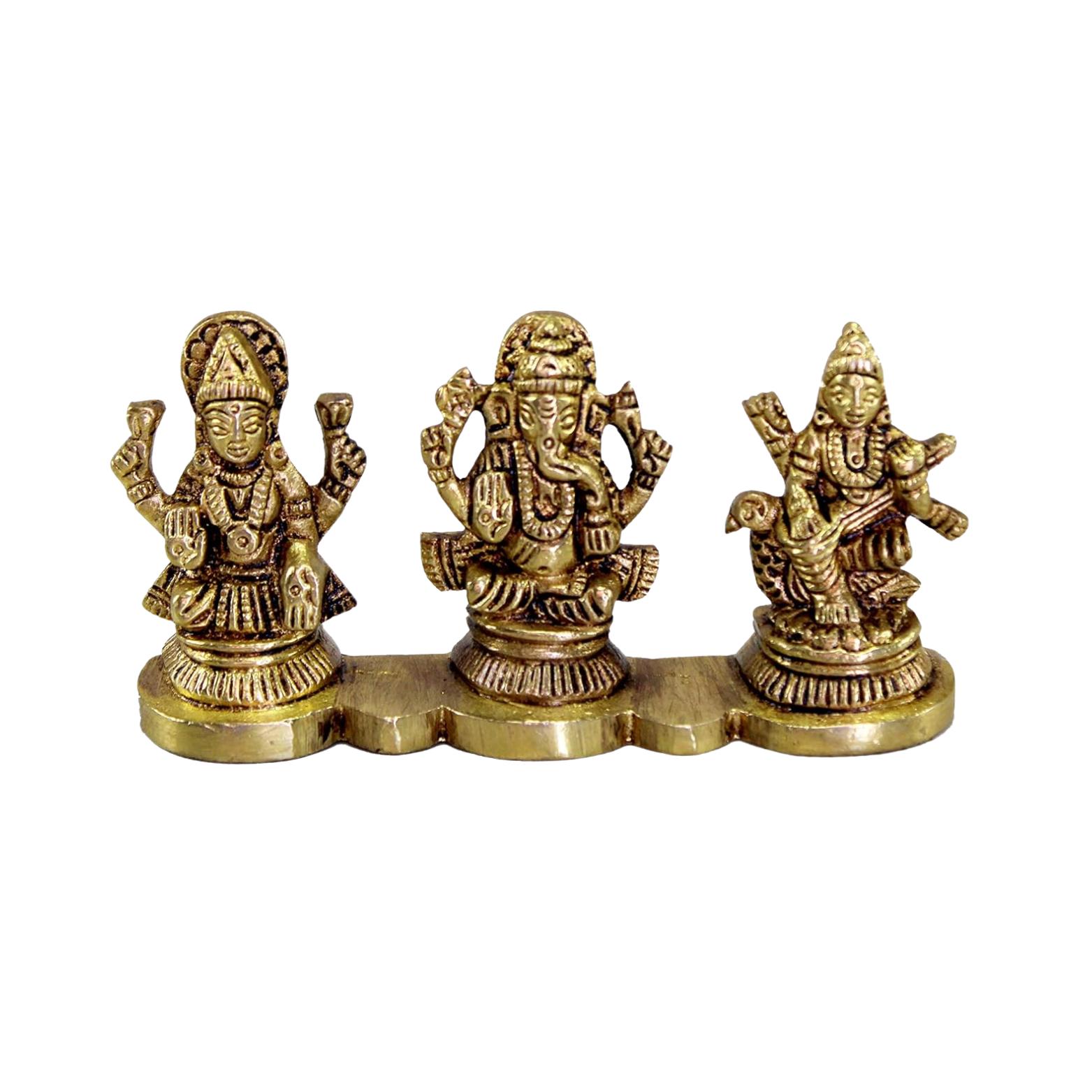 

Lord Laxmi Ganesh Saraswati Idols, Ganesha Lakshmi Sculpture Murti, Gold, Brass