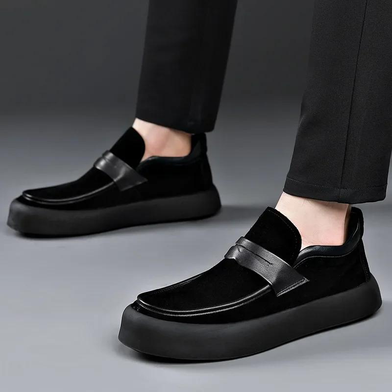 Shoes Men Leather Original Designer Cow Suede Leather Shoes Men's New Thick Sole Loafers Soft Sole Suede Leather Casual Shoes
