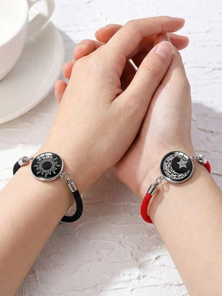 2 Stück Leuchtende Sonne Mond Geflochtene Armbänder aus Edelstahl für Liebende Paar Verstellbares Armband Valentinstag Schmuck Geschenke