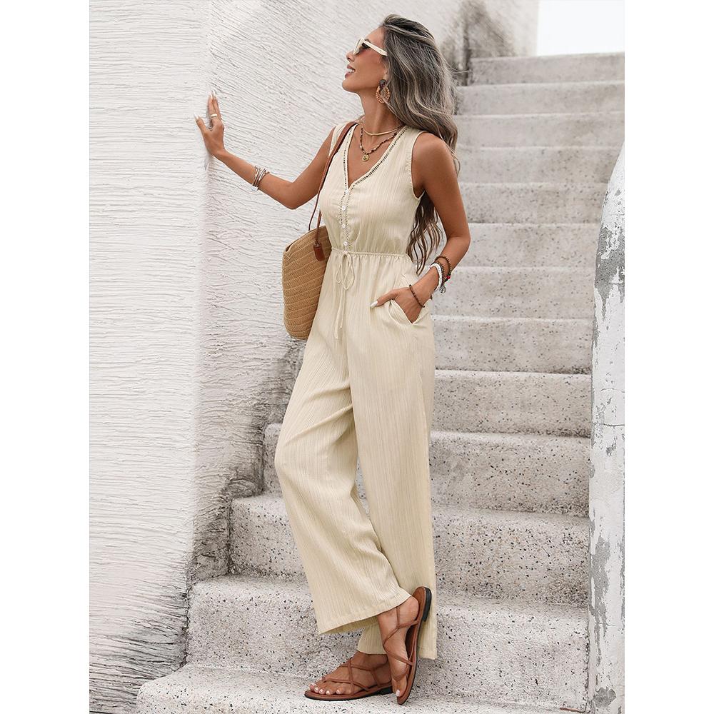 2026 New Vacation Casual Minimalist Style Jumpsuit Solid Color Sleeveless Jumpsuit