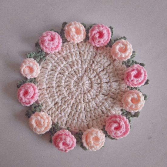 Yousheng Crochet Flowers Coaster Handmade Rose Coaster Potted Flowers Decorative Rose Bouquet Coaster with Basket Gift for Family Friends Flower