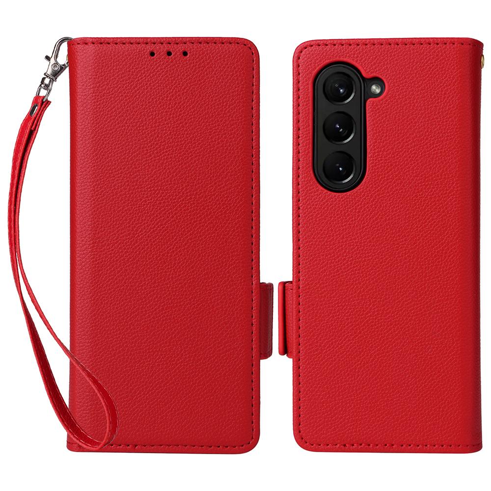 

For Samsung Galaxy Z Fold6 5G Case with Wrist Strap Litchi Texture PU Leather Wallet Phone Cover Red