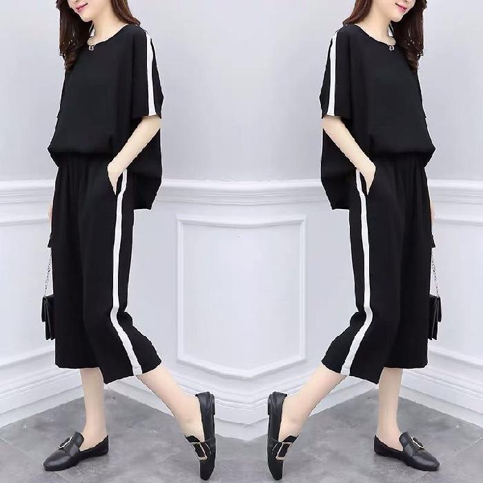 

Women s Summer Korean Style Two Piece Fat Loose Casual Wide Leg Pants Suit for Women 4XL чорний