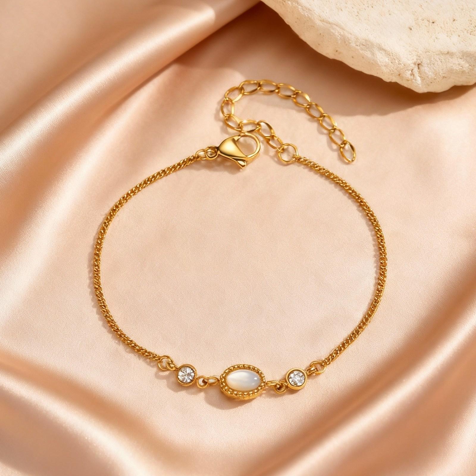 

Dainty Oval Natural Shell Charm Bracelet Ring, Cubic Zircon Stainless Steel Link Bracelet for Women, Luxury Jewelry Set Gift