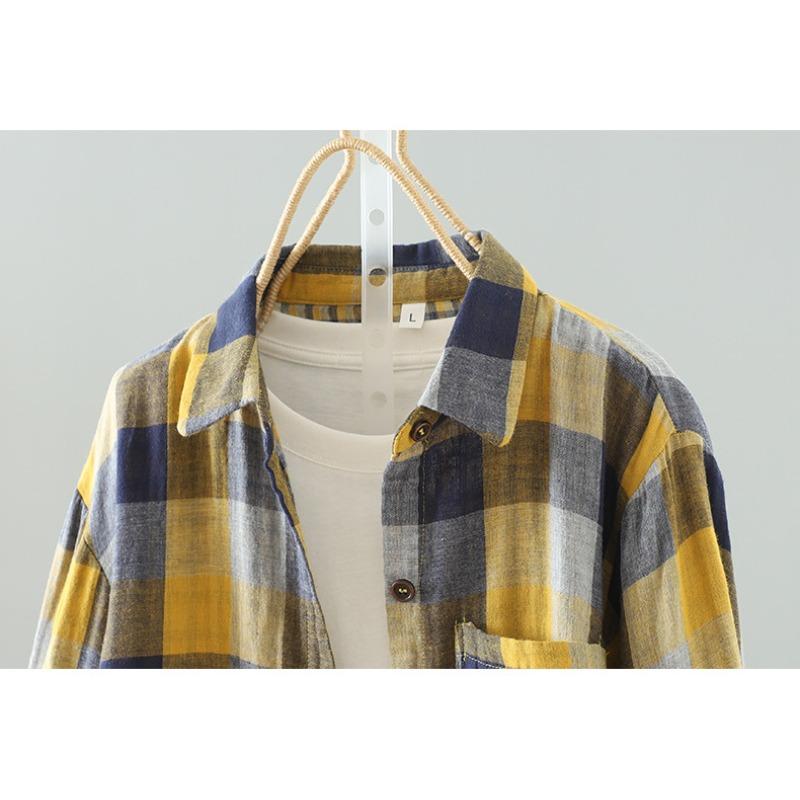 Herbstliches, doppellagiges, kariertes Langarmhemd mit Vintage-Art-Muster aus Baumwollgarn für Damen