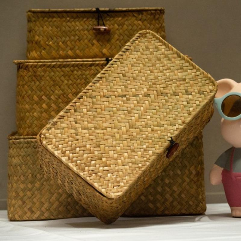 Handmade Seaweed Woven Storage Box, Retro Storage Rack Basket, with Lid Buckle Design, Household Miscellaneous Storage Box