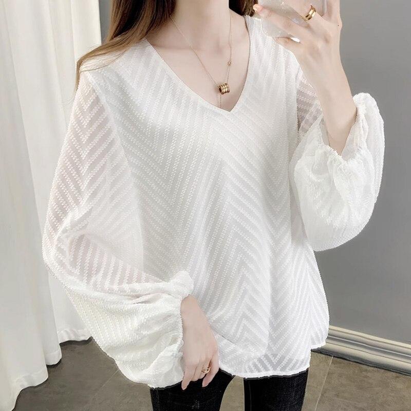 

Модная свободная белая шифоновая блузка с v-образным вырезом, женская 2023, элегантная женская рубашка с рукавами-фонариками, топы, осенние винтажные повседневные блузки 23494