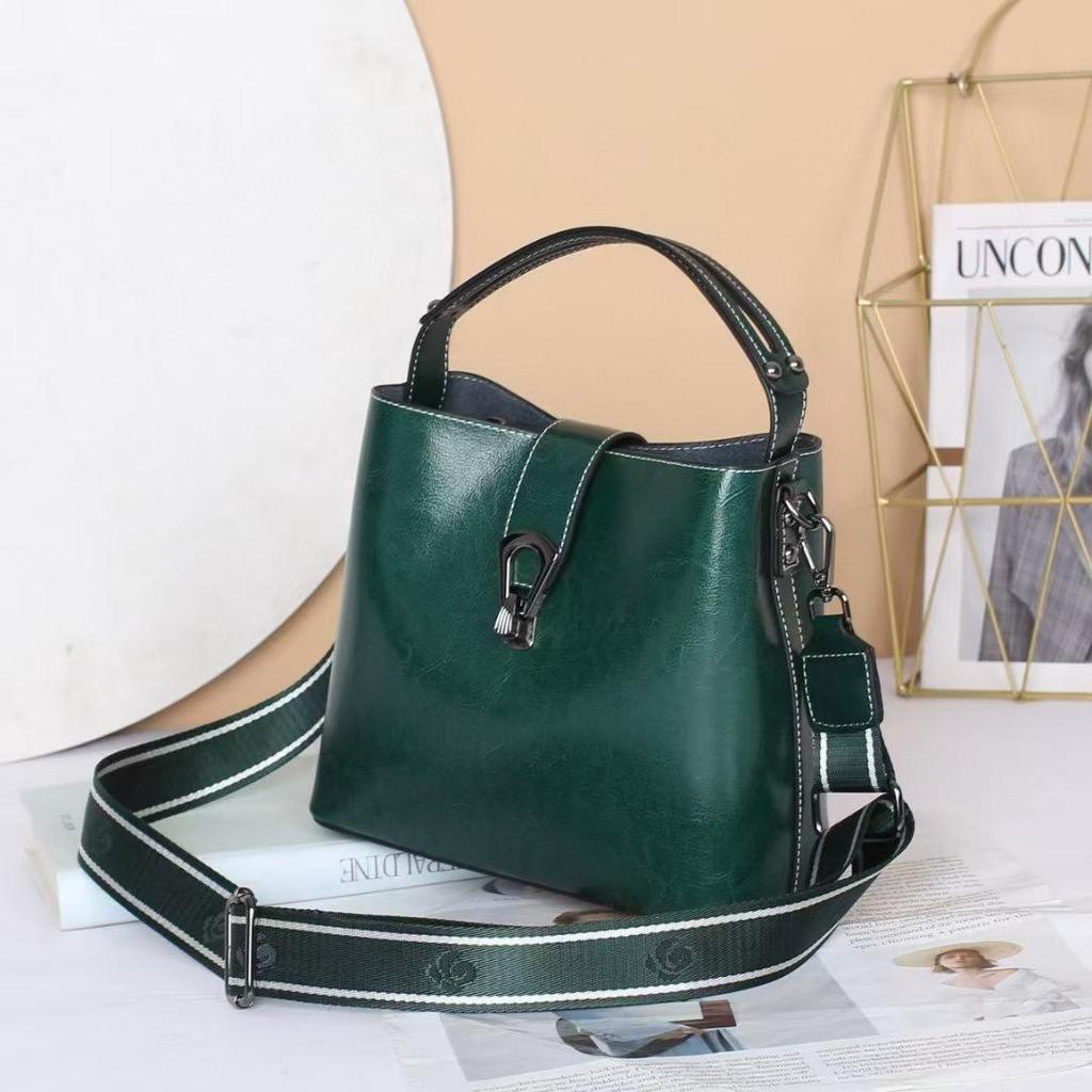 Korean Style Genuine Leather Double Strap Crossbody Bucket Bag