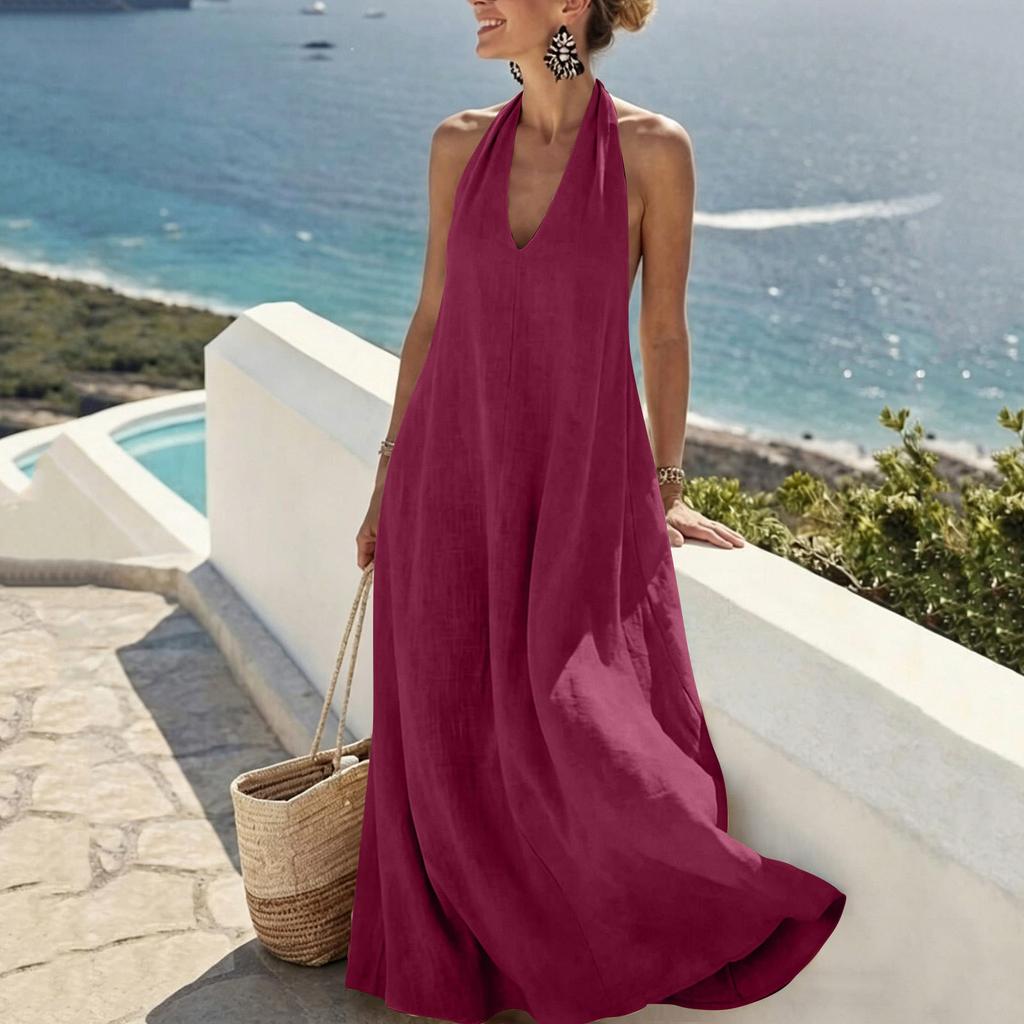 Women's Casual Sleeveless Loose Fit V Neck Maxi Dress with Pockets Lightweight Summer Long Dress for Daily Wear