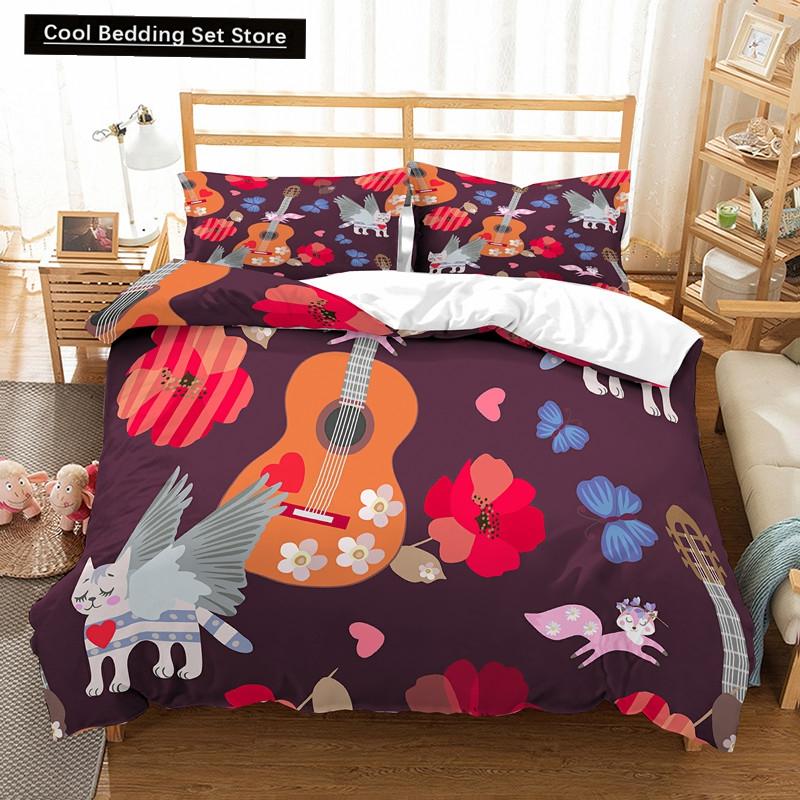 Katze Blumen König Königin Bettbezug Cartoon Kitty Floral Bettwäscheset für Kinder Niedliche Tiere Schwarz 2/3-teilig Polyester Steppdeckenbezug