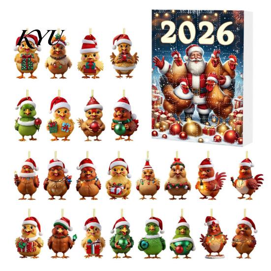 Chicken Ornament Set Advent Calendar 2026, 24 Days Christmas Countdown with 2D Flat Acrylic Hanging Decorations Ornament, Cartoon Pendant for