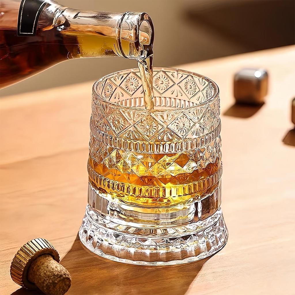Whiskey Glasses Rotating Whisky Glass with Glass Base 360 Rotate Degrees Crystal Rum Glass for Cocktail Party Drinking Glass
