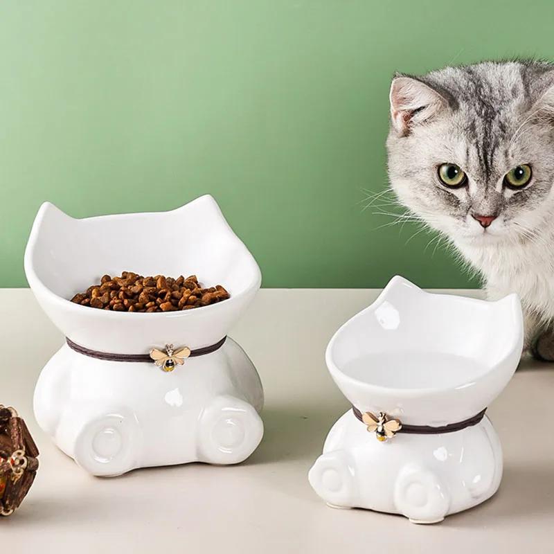 New Ceramics Pet Cat Bowl Food Bowl Oblique Mouth Dog Bowl Cat Drinking Bowl High Foot Protection Cervical Vertebra Cat Drinking