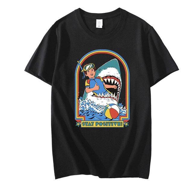 Это я Смешно Оставайтесь позитивными Акула Атака Ретро Комедия Смешные принты Унисекс Футболки WoUnisex Летняя футболка Уличная одежда Топы Футболка Пары L