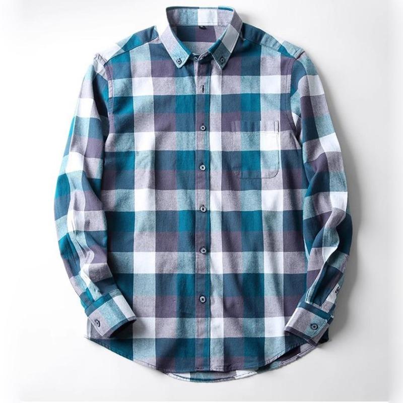 Men's Plaid Shirt - Pure Cotton Flannel, Long-Sleeved, Button Collar, Soft, Warm, Casual