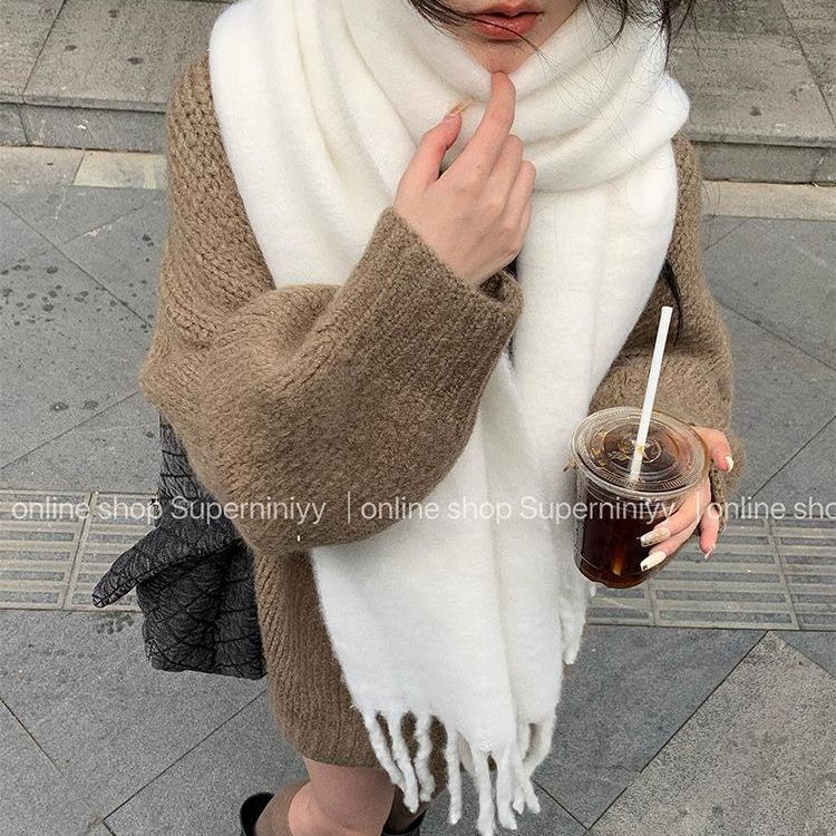 Autumn and Winter Velvet Feel Long Warm Tassel Brushed Large Scarf for Women Solid Color Versatile