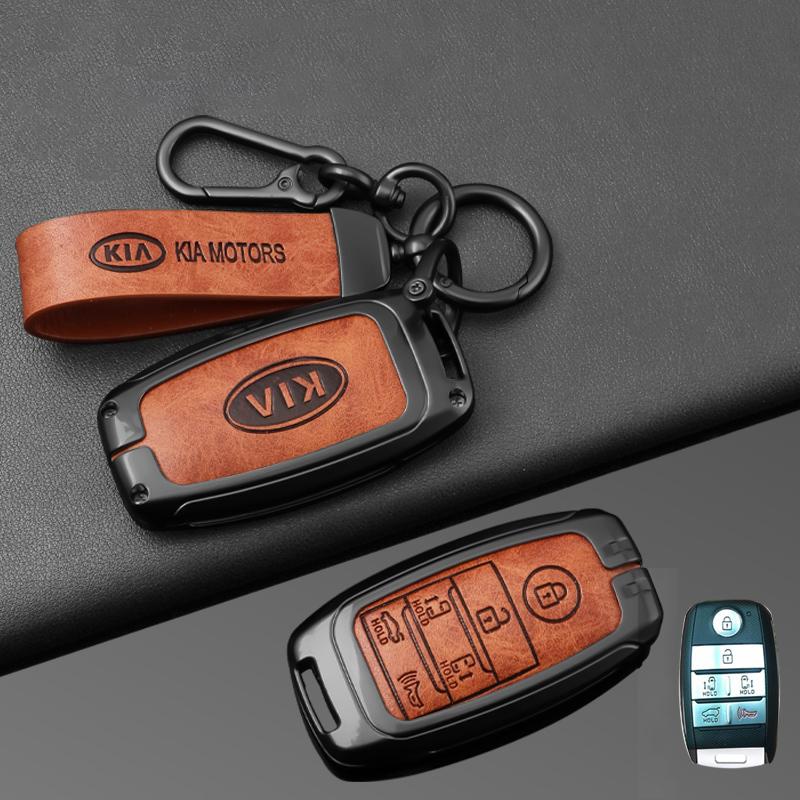 

2026 Hot Car Sticker Zinc Alloy Leather Car Remote Key Case Cover Holder Shell For KIA Sedona Grand Carnival Sorento Protector K