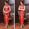 Women Summer Cheongsam Stand Collar Floral Print Hollow Out Split Hem Sleeveless Qipao Slim Fit Retro Chinese Style Mid-calf Length Wedding