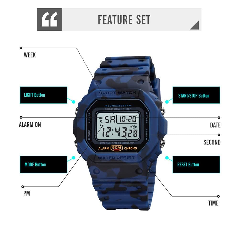 LOUJIN Digitale Sportuhr für Herren, Klassisch Wasserdicht, mit Wecker, Stoppuhr, Countdown, LED-Hintergrundbeleuchtung, Elektronische Armbanduhr