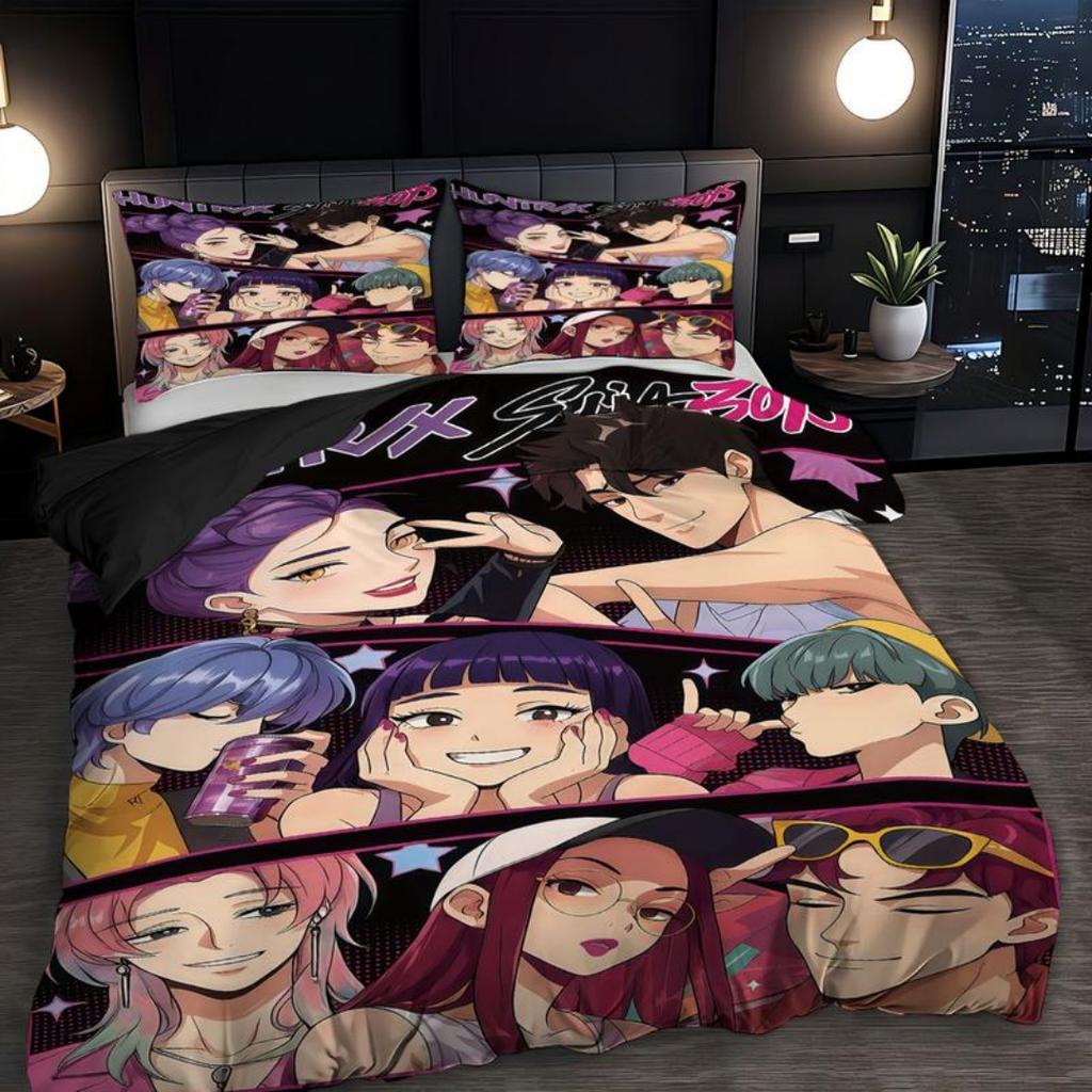 KPop D-Demon Hunters Ložní souprava Jednolůžková Halloweenský kostým Ložní souprava - 2-3dílná Přikrývka Prošívaná přikrývka Povlak na přikrývku Sady povlaků na polštáře