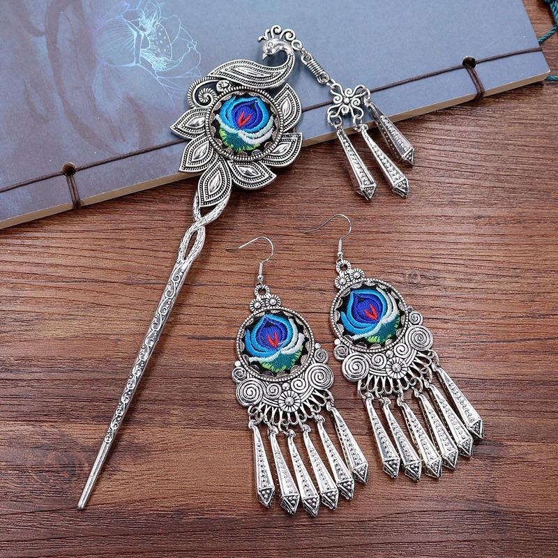Vintage embroidery earrings hairpin classical temperament Miao peacock flower fringed earrings hair accessories set women