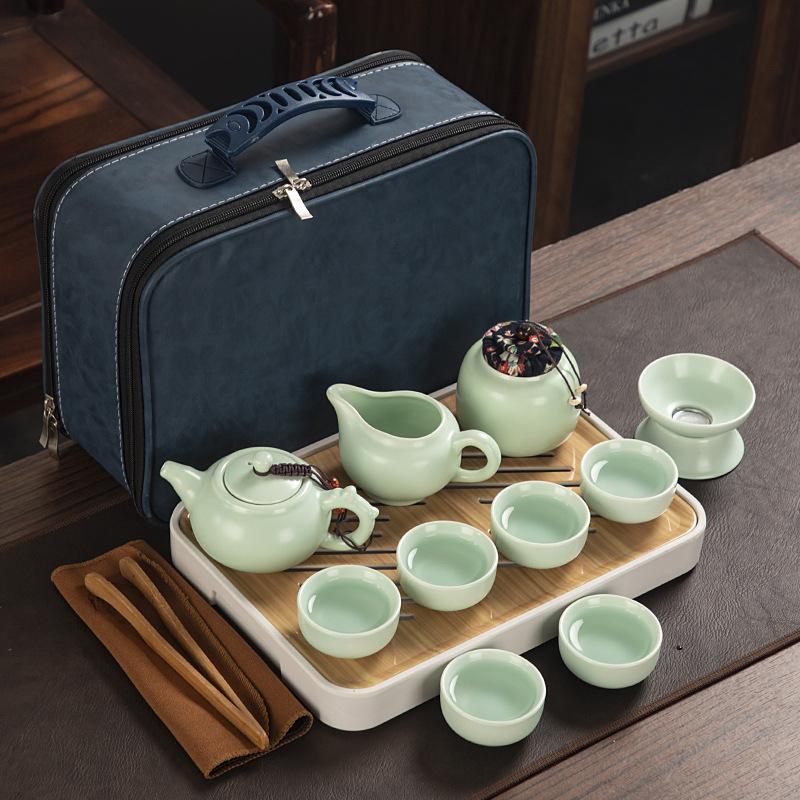Travel ceramic Kung Fu tea set, tea tray, a full set of portable storage bags, practical business gifts for customers
