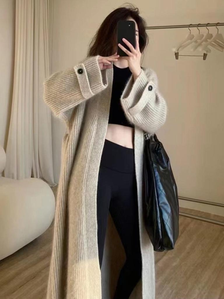 Long Knit Cardigan Sweater Women's New Style Loose Outerwear Korean Lazy Style Top Coat