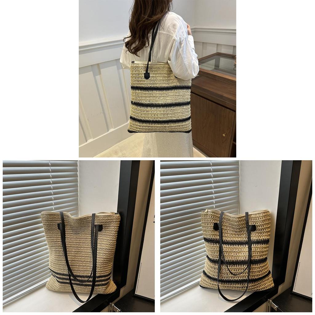 Summer Woven Tote Bag With Zipper Closure For Casual Daily Use