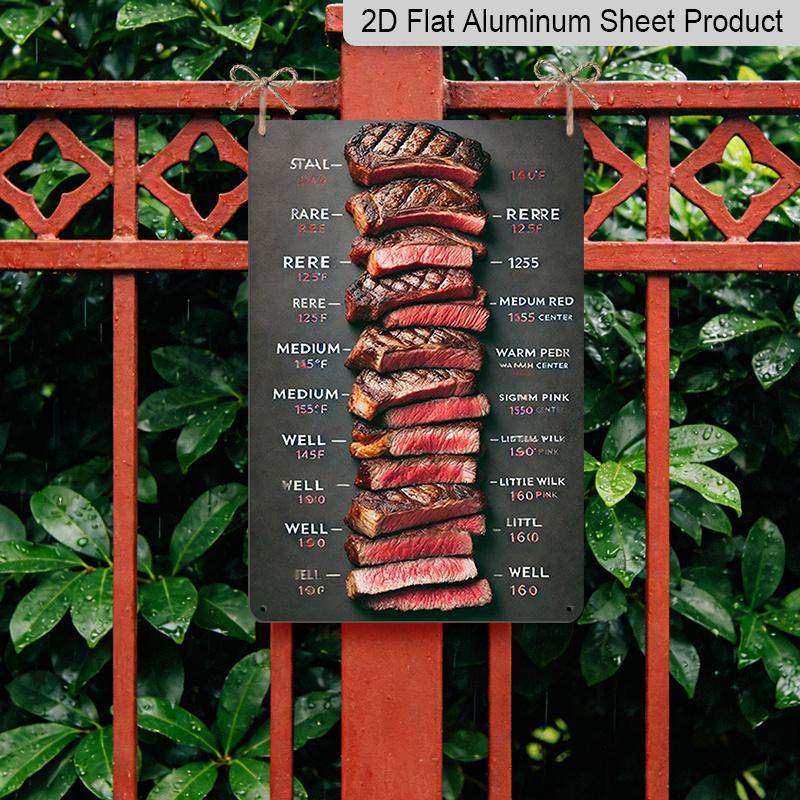 2D Flat, Vintage Beef Doneness Chart Metal Sign - Steak Guide with Rare, Medium Rare, Medium, Medium Done - Aluminium Retro Wall Art Suitable for
