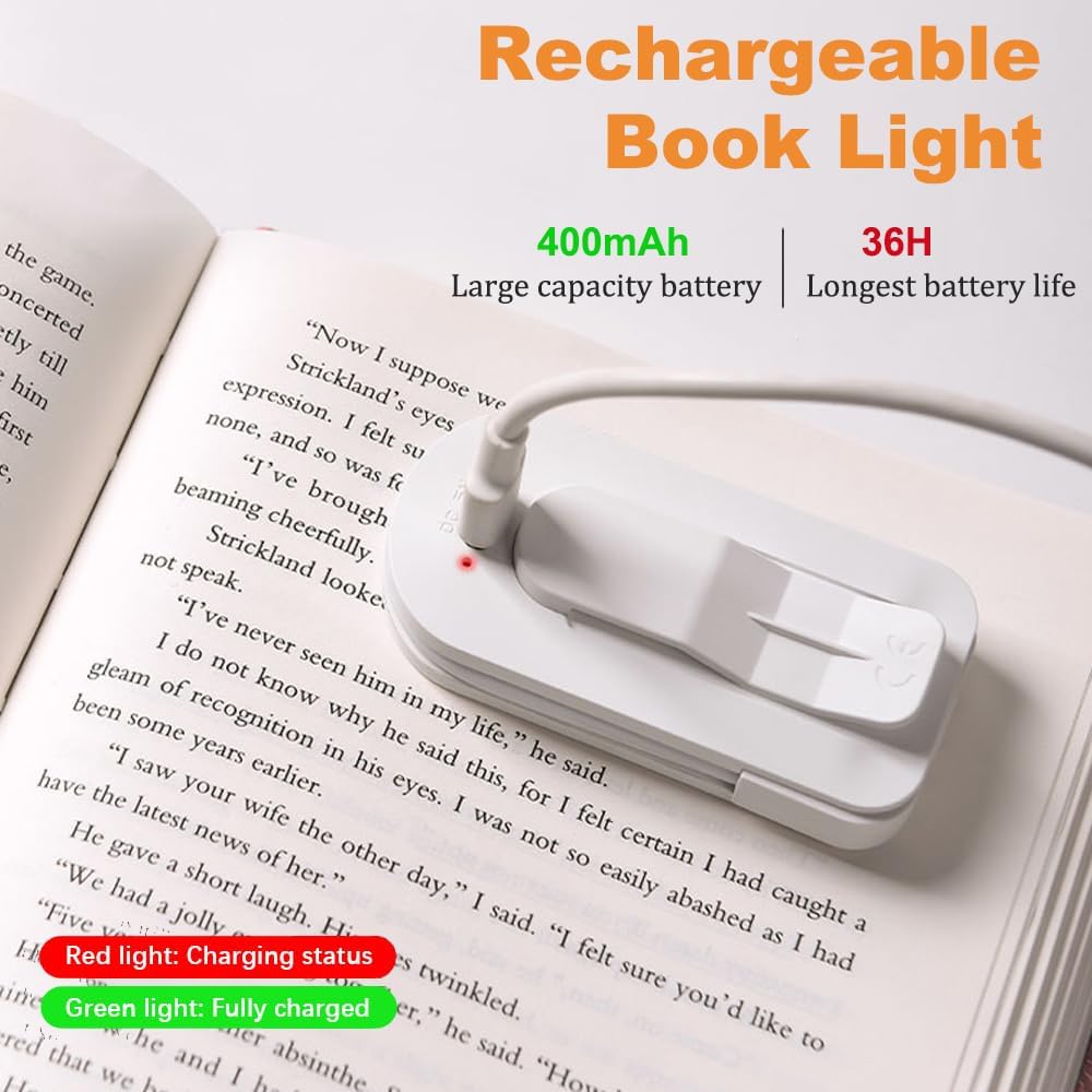 Book Lights Rechargeable Mini Clip on Reading Light with 3 Colors & Foldable Hose Dimmable LED Book Lamp Night Light for Reading