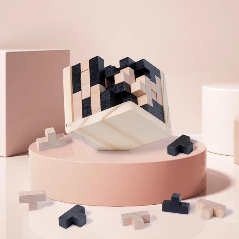 Non-Toxic 3D Cube Puzzle Luban Interlocking Creative Educational Wooden Toy Brain Mind Early Learning Game Gift For Children Letter