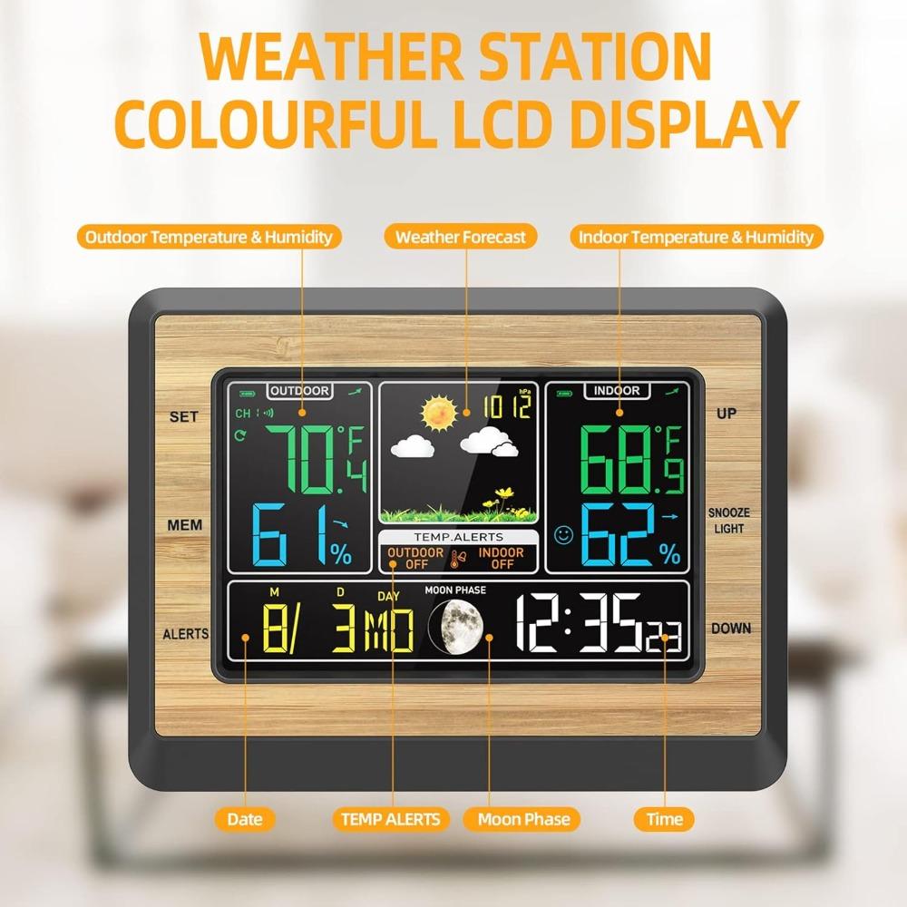 Black Wireless Weather Station Atomic Clock Digital Weather Station Weather Forecast Station