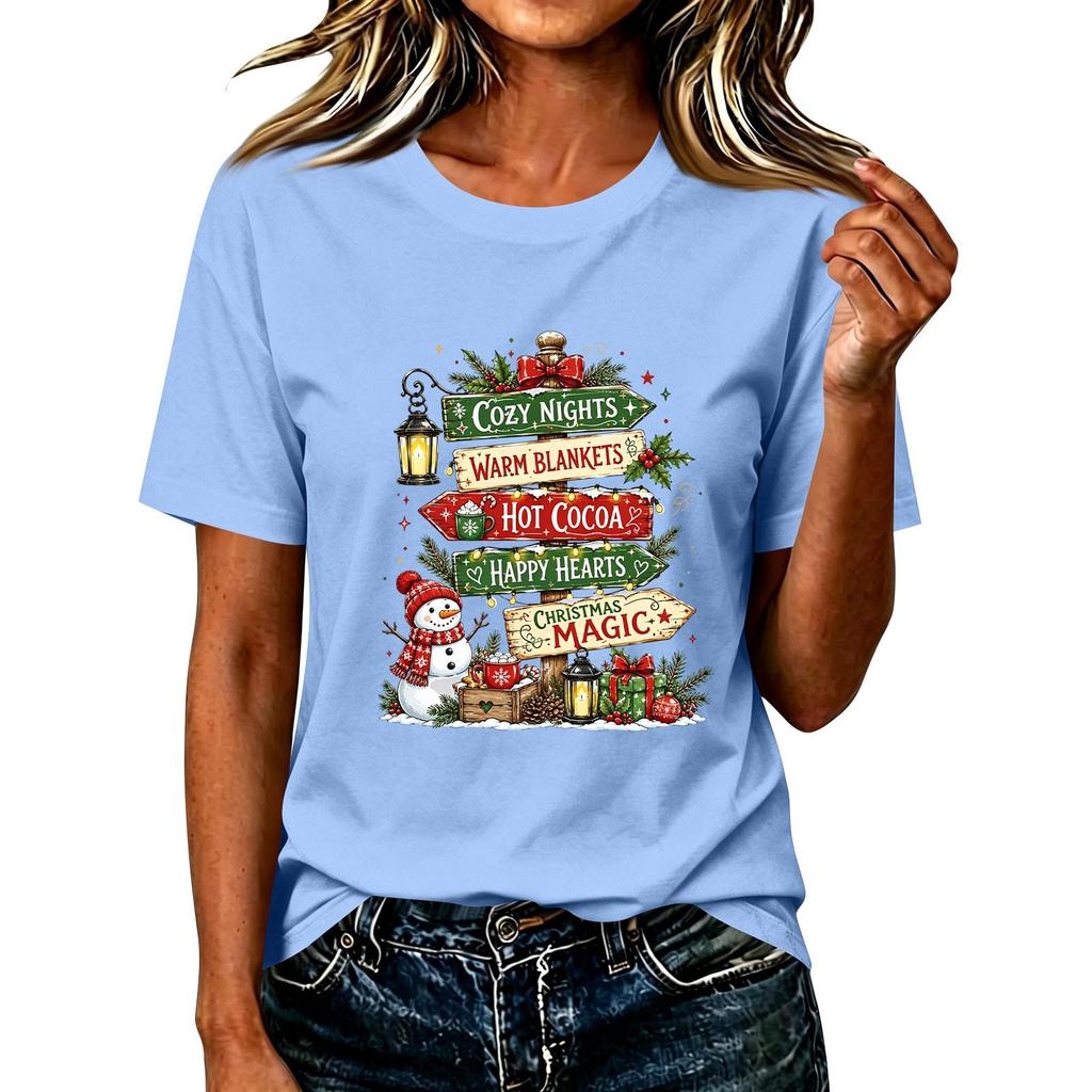 T-shirt da donna a maniche corte con stampa natalizia, top casual per le feste