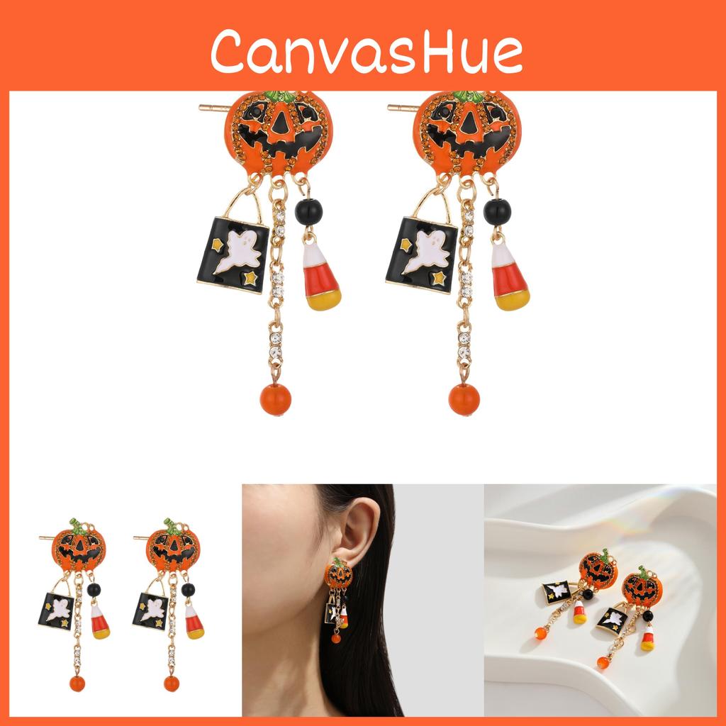 Creative Stylish Halloween Pumpkin Skull Tassel Earrings With Sparkling Zircon Stones For Women