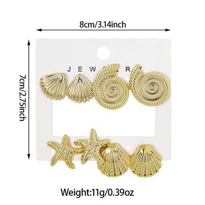 4 Pairs of Ladies' Golden Ocean Style Earrings Set, Shell Starfish Conch Vacation Earrings