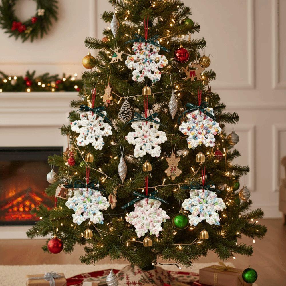 Hand-knitted Christmas Bell Pendant 16cm Crisp Sound Woven Xmas Tree Pendant Ribbon Bow Creative Handmade Snowflake Charm
