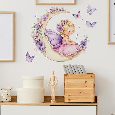 Gemalter Schmetterling Kleines Mädchen Mond Kinderzimmer Zuhause Wandhintergrund Verschönerung und Dekoration Wandaufkleber