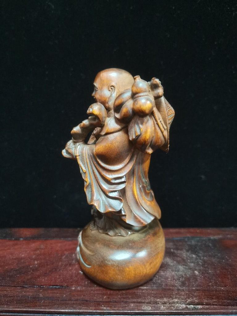 Chinese Vintage Boxwood Carved Rich Maitreya Buddha Statue Nice Sculpture Art