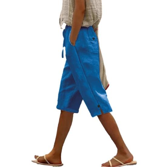

Cropped Pants Breathable Fabric Loose Fit Straight Leg Mid-calf Trousers with Pockets Side Slits Button Detail Summer Pants Casual Wear L синій