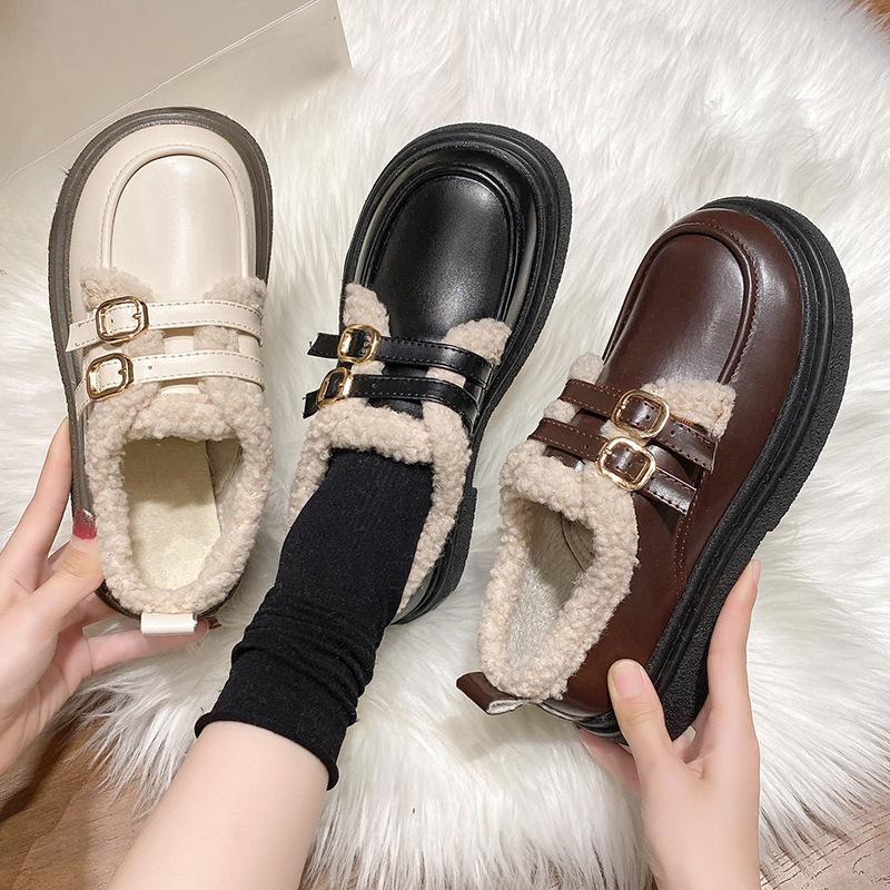 Loafers Women's Fall/Winter 2026 Warm Fleece First Layer Cowhide Women's Shoes Lamb Wool Low-Top Fashion Small Leather Shoes