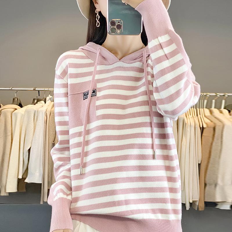 2026 Spring Women's Striped Knit Hoodie Jacket - Plush, Thick, and Loose-Fit