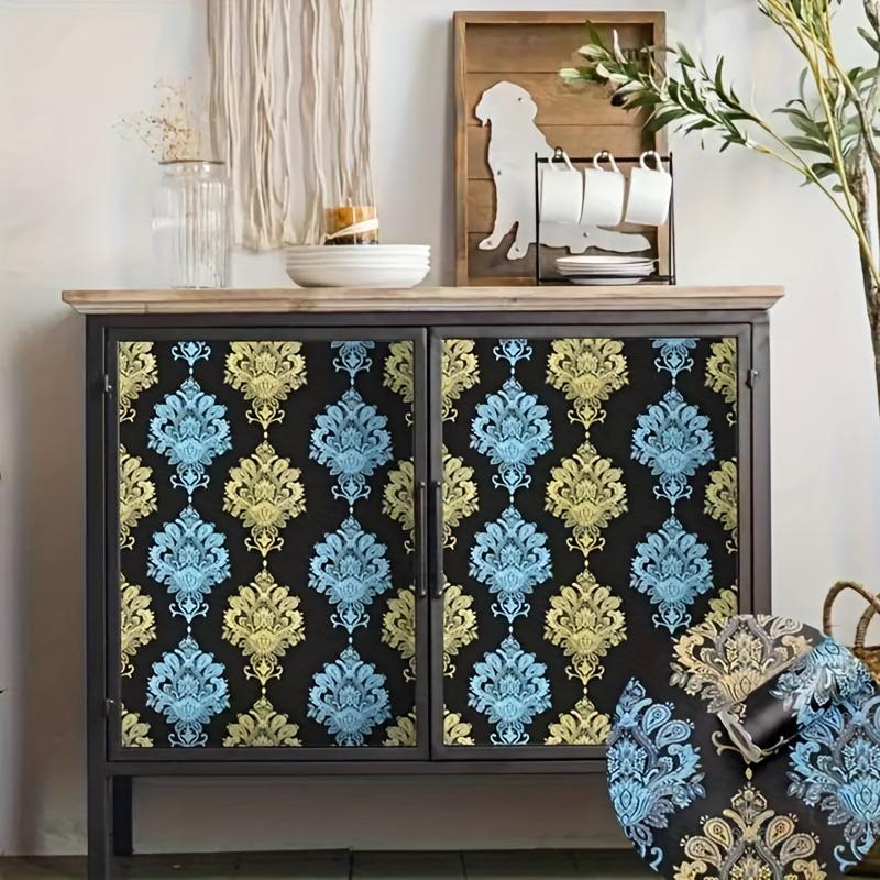 1 Roll  Self-adhesive Wallpaper  Blue and Yellow European Style Flower Wallpaper Peeled and Pasted Furniture Renovation Wallpaper, Wall Decoration!