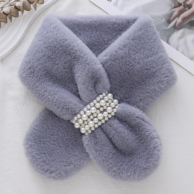 Korean Style Thick Plush Pearl Scarf for Women - Imitation Otter Fur, Warm Winter Fashion, Solid Color