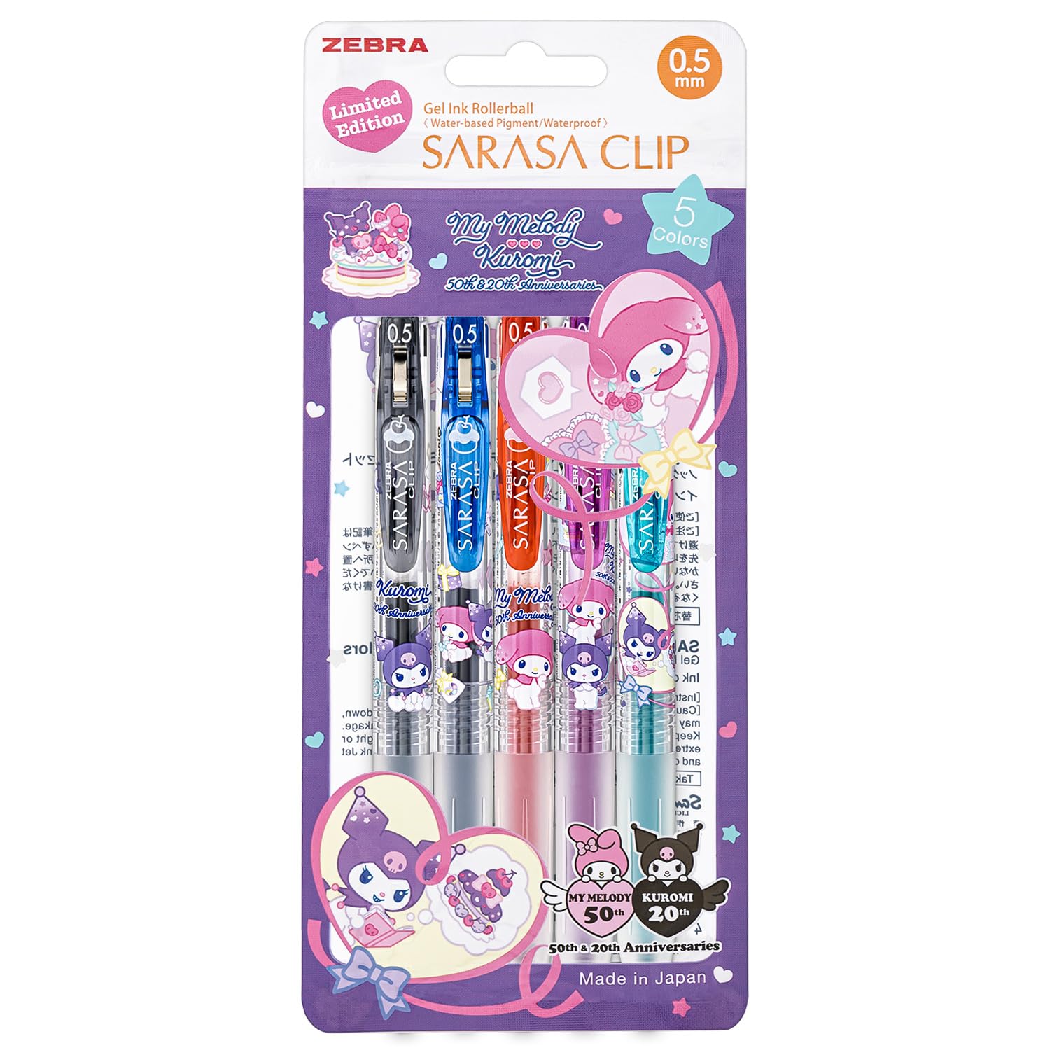 Zebra Sarasa Clip Gel Ballpoint Pen Sanrio My Melody Kuromi 50th Anniversary Set 0.5mm & 5-Color JJ15-MMKU-5C