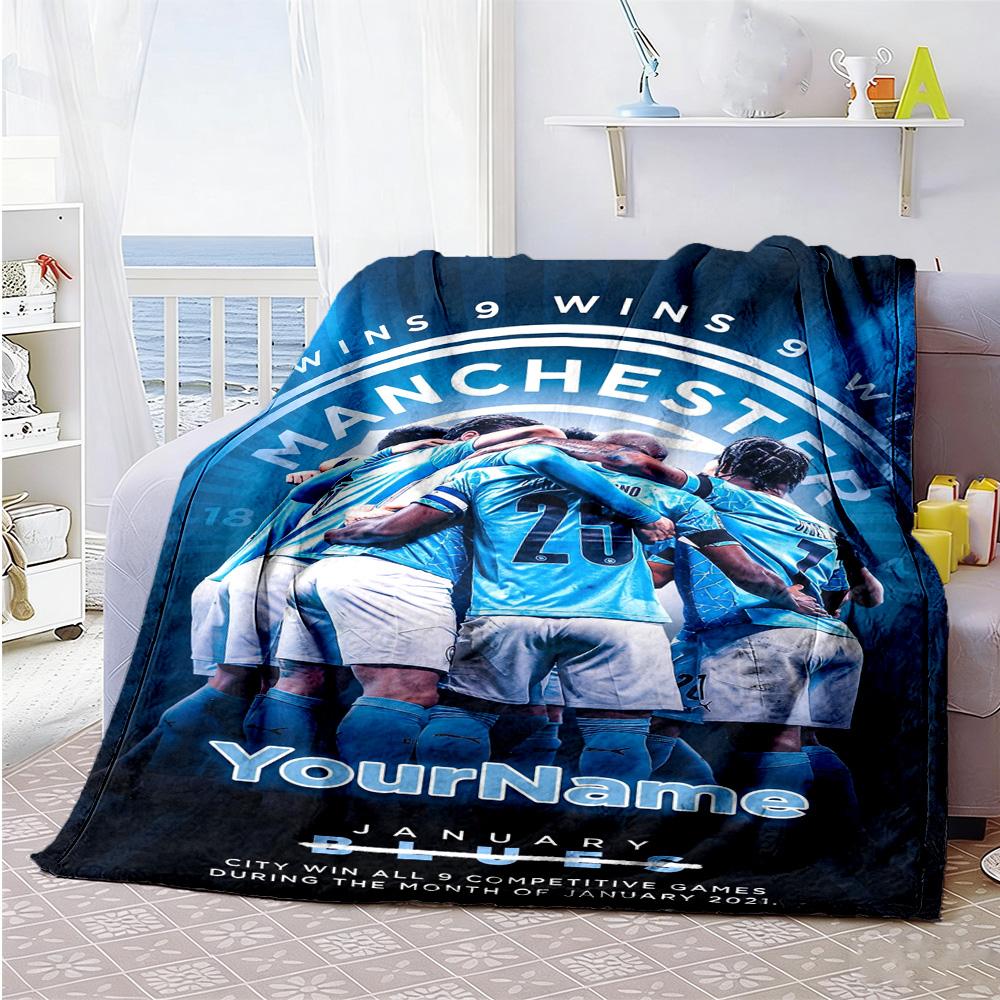 Manchester City Customize Your Name Blanket Multi-purpose Personalized Blanket Soft & Cozy Perfect for Picnics Office Nap Chair All-Season Use