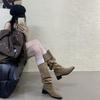 Khaki High Heel Suede Pile Medium Boots Women's Boots 2025 Fall Winter Western Skinny Long Knight Boots