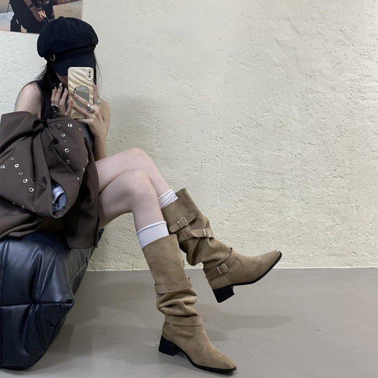 Khaki High Heel Suede Pile Medium Boots Women's Boots 2025 Fall Winter Western Skinny Long Knight Boots