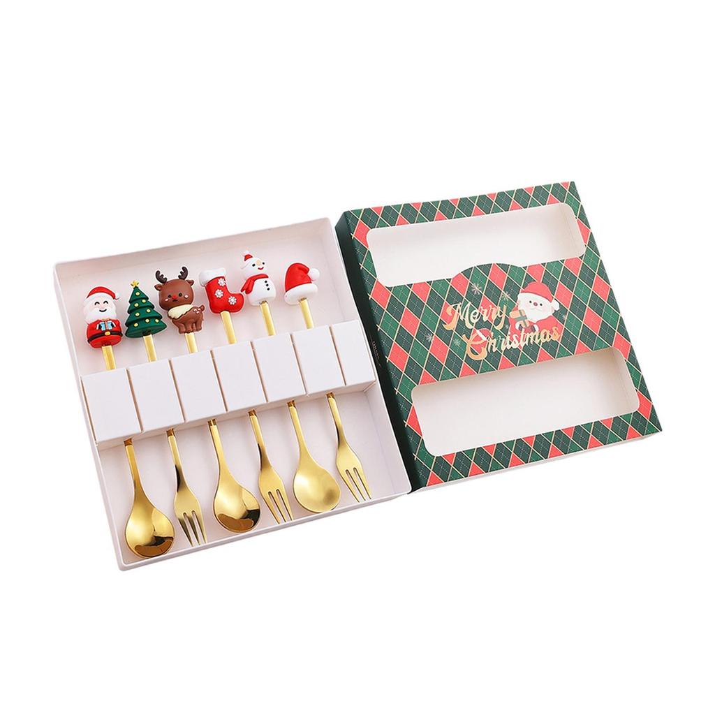 6Pcs Christmas Coffee Spoons Forks Set Cutlery for Stirring Sugar Home