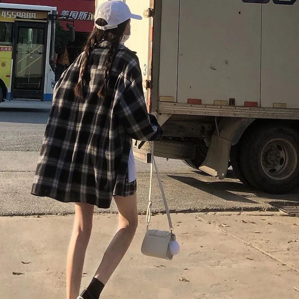 Korean Checkered Shirt Women's Sun Protection Outfit Loose Fitting Long Sleeved Top Student Mid To Long Length Hong Kong Style Jacket Women's